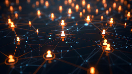Close-up image of a network visualization with bright orange nodes and human figure icons, denoting online communities or teamwork