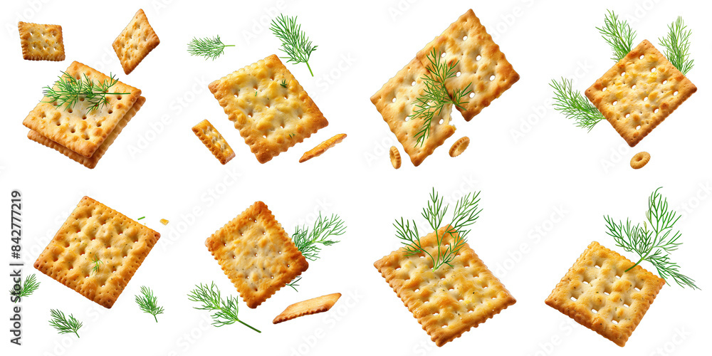 Poster set of crackers with floating dill isolated on transparent png background. generative ai