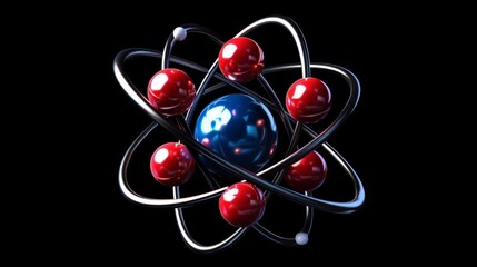 Illustrate a 3D model of an atom with dynamic, moving parts to represent electron orbitals and atomic interactions.