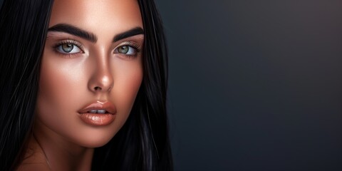 Fototapeta premium Portrait of a stunning woman with sleek straight hair and glowing skin captured in a professional studio setting