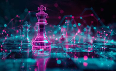A futuristic digital chess scene with neon lights and glowing chess pieces.