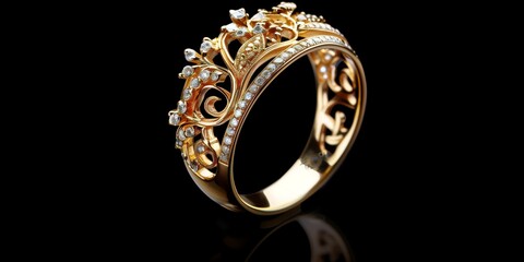 Jewelry photography of a gold ring with diamonds and intricate openwork decoration