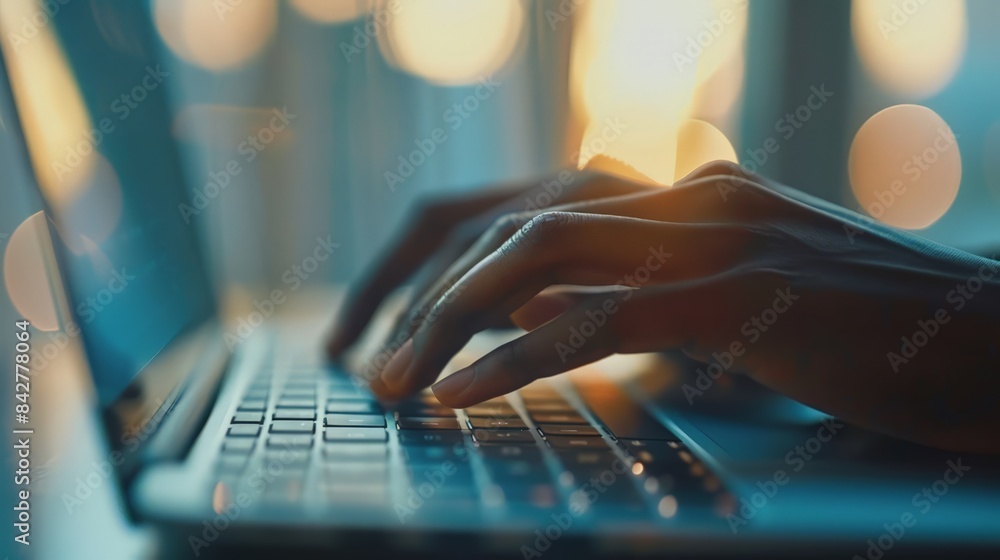 Poster illustrate a close-up of hands typing on a laptop keyboard, focusing on the details and emphasizing 