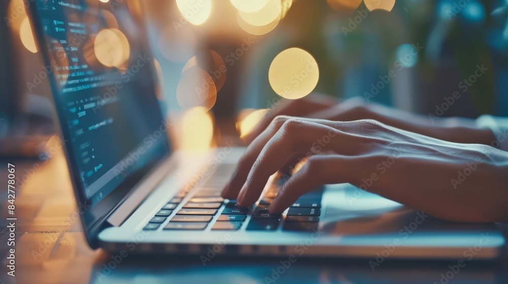 Poster illustrate a close-up of hands typing on a laptop keyboard, focusing on the details and emphasizing 