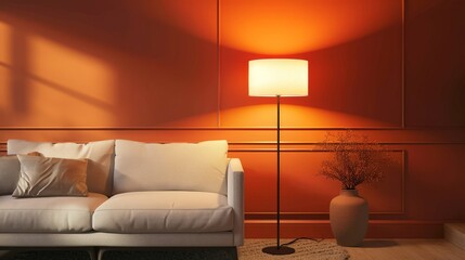 Illustrate a classic floor lamp with a tall, elegant stand and a soft, diffused light, adding sophistication to a living room.
