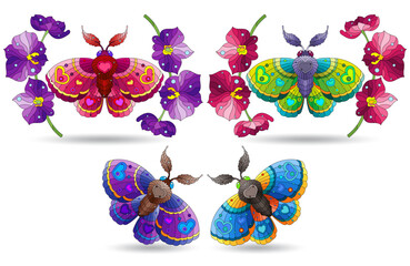 A stained glass illustrations with bright moth and orhid, animal isolated on a white background