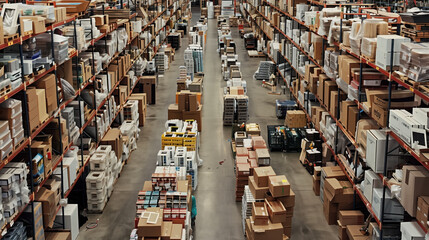 Fototapeta premium Big warehouse filled with goods. Background image. Created with Generative AI technology.