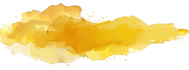 Horizontal yellow watercolor splash with textured brushstrokes and scattered droplets on a transparent background. Abstract art for design and print. Watercolor painting with place for text
