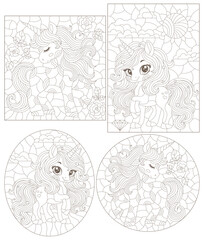 Set of contour illustrations in the style of stained glass with cute cartoon unicorns in the sky