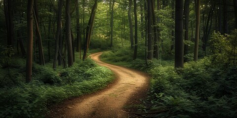 Obraz premium Photography of a winding path through a lush forest leading to an unknown destination