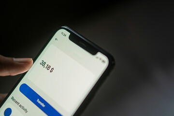 Fototapeta premium Smart phone displaying balance in financial app