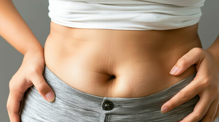 A woman's maternity belly button peeks out from her stomach, nestled between her trunk and hip, while her hand rests on her chest and shoulder