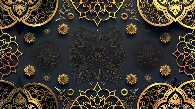 Intricate Arabic-Inspired Golden Ornamental Background with Eid Symbols