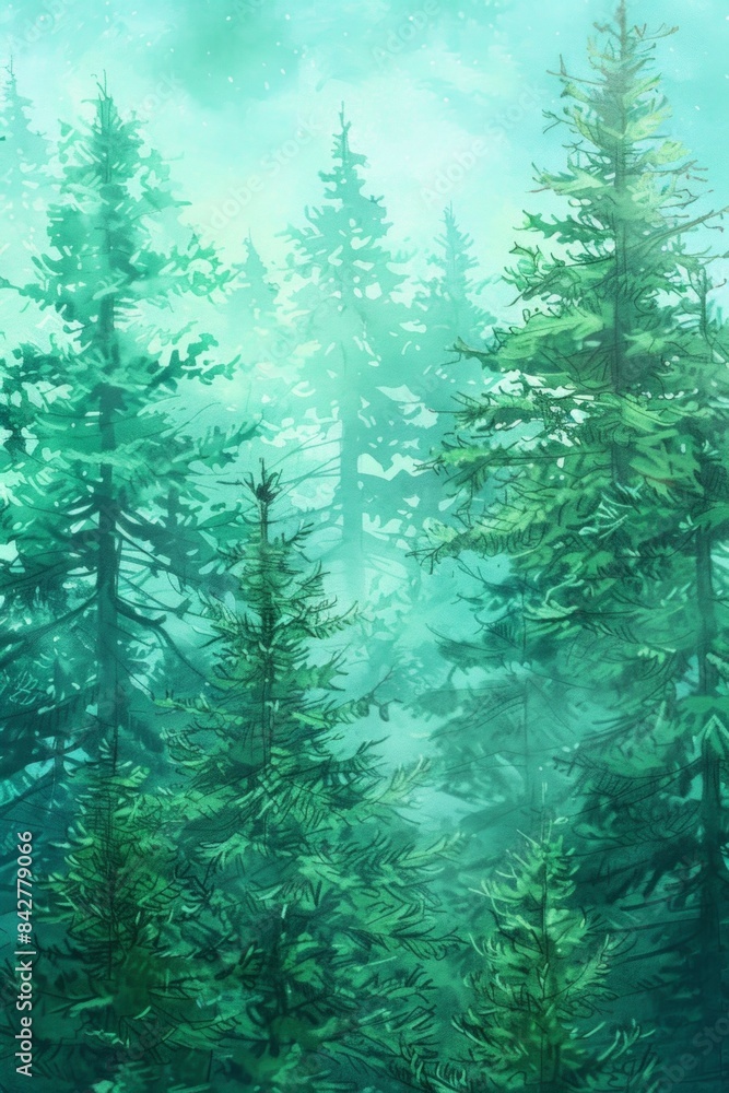 Poster a misty morning in a lush pine forest, with the sunlight filtering through the trees creating a soft