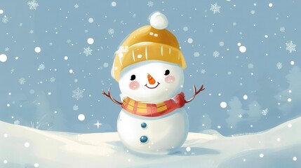 Fototapeta premium adorable kawaii snowman character with simple winter background cute digital illustration