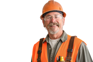Smiling Senior Construction Worker in Orange Safety Vest and Hard Hat on White Background