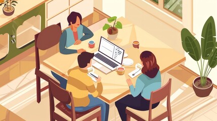 Illustrate a laptop on a dining table with a family having a virtual gathering, emphasizing the role of technology in staying connected.