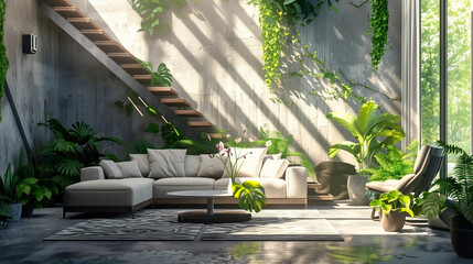 modern eco friendly home interior design with furniture and plants 
