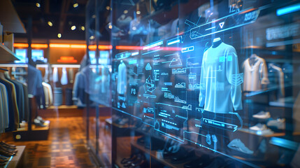 An advanced shopping concept with digital screens overlaying a vibrant clothing store background