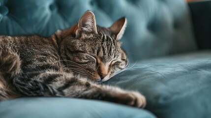 adorable sleeping cat curled up on plush velvet sofa cozy pet portrait concept