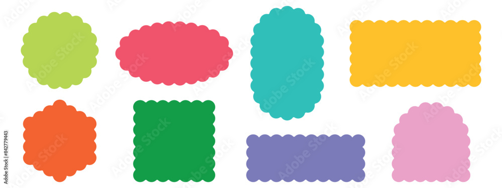 Poster set of rectangular, round, oval and square color scalloped frames. zig zag wavy edge. abstract eleme