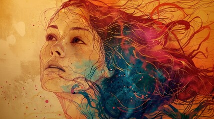 Artistic representation of a woman with flowing hair and colors