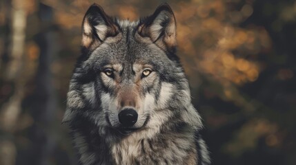 Obraz premium adult wolf portrait on forest background realistic wildlife animal photography