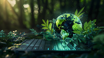 This image depicts a digital world globe with detailed continents surrounded by foliage, merging technology with nature