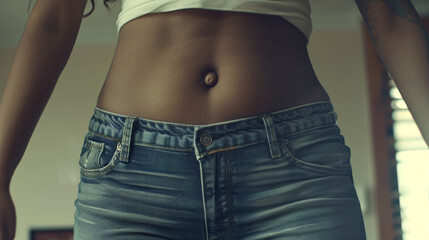 A woman stands indoors wearing jeans, showing a close up of her belly button peeking out from the denim waistband and pocket