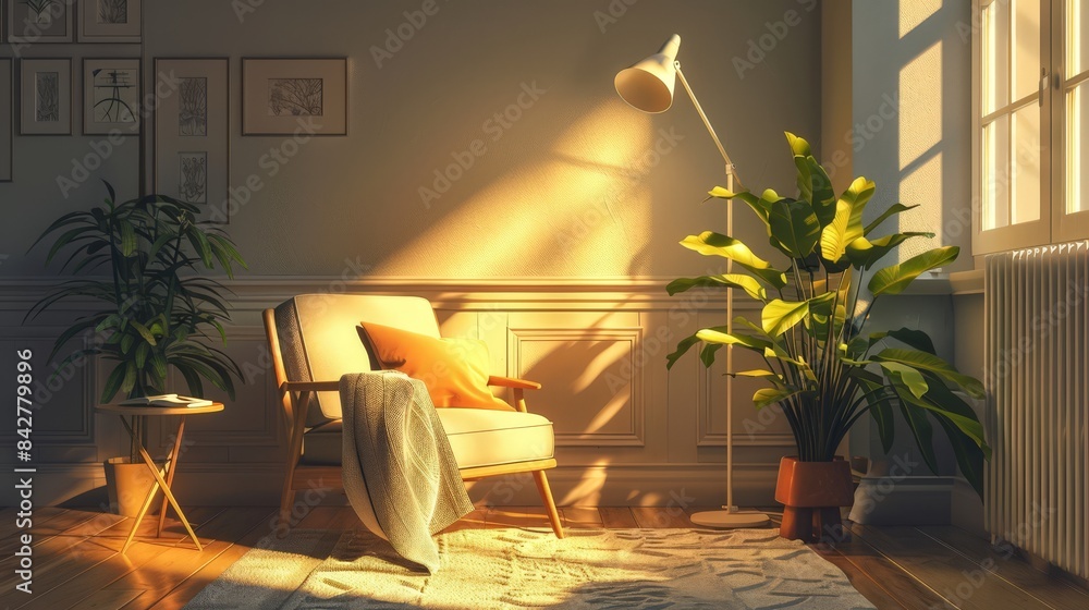 Poster illustrate a reading nook with a comfortable chair and a bright, focused reading lamp, creating a pe