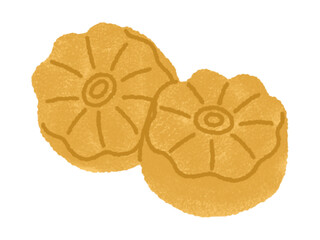Korean street food, gukhwa-ppang. Flower shape pastry stuffed with sweetened red bean, cartoon style illustration