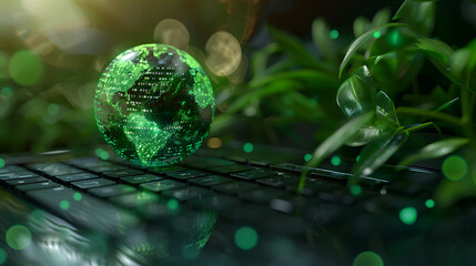 Eco-friendly technology concept with a digital globe on a computer keyboard and greenery