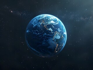 A breathtaking view of Earth from space, highlighting continents and illuminated city lights against the vast cosmic backdrop.