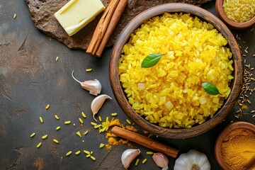 uncooked yellow rice with spices on dark background
