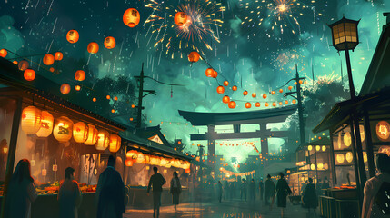 This illustration features an atmospheric Japanese festival scene with fireworks lighting up the teal night sky