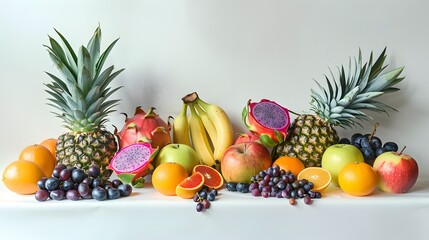 A vibrant array of fruits including pineapples, dragon fruits, bananas, and grapes, showcasing tropical abundance and diversity.