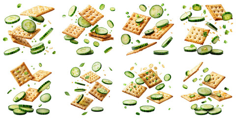 Set of Crackers With Floating Sliced Cucumbers isolated on transparent png background. Generative ai