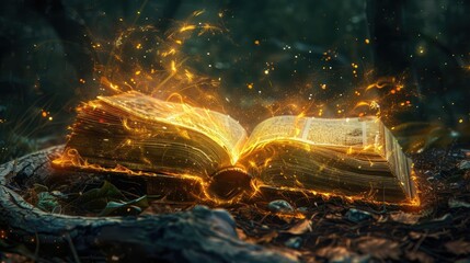 A magic book with pages turning by themselves, emitting a golden light, set in a dark, enchanted forest, ethereal atmosphere, digital art