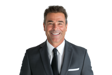 Smiling Senior Businessman in Dark Gray Suit on White Background