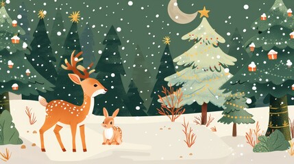 Fototapeta premium Illustrate a snowy forest scene with deer, rabbits, and other wildlife, peacefully amidst decorated pine trees.