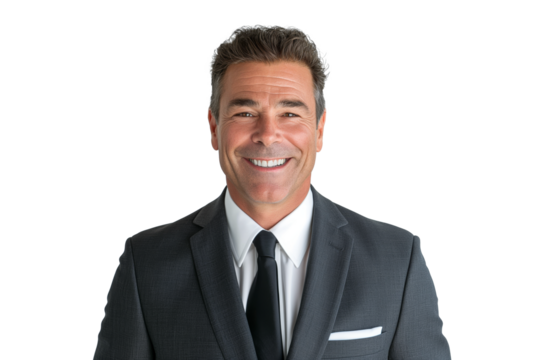 Smiling Senior Businessman in Dark Gray Suit on White Background
