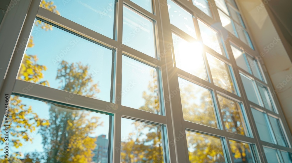 Poster large windows being installed allowing ample natural light to reduce the need for artificial lightin