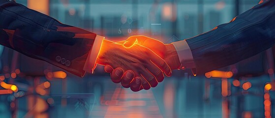 Illustration of a handshake with a glowing guarantee badge, set in a corporate office, professional atmosphere, detailed and realistic, digital art
