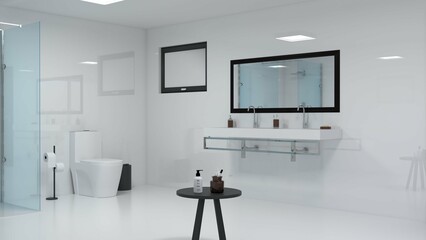 3D Render a modern bathroom, white polished wall and floor matte 