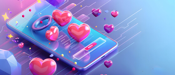 A smartphone with a dating app interface and 3D hearts.