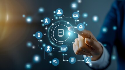 A business person interacting with a digital interface, highlighting technology and innovation in the workspace.