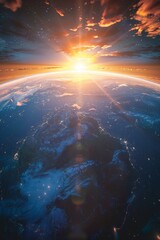 3D rendering of Earth at sunrise with panoramic view, selective focus, cosmic theme, ethereal, blend mode, galaxy backdrop