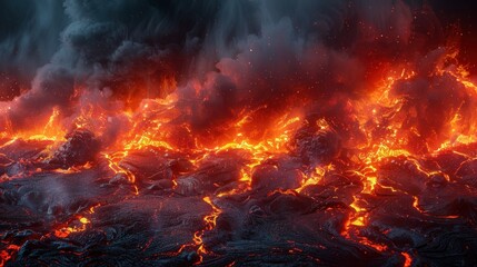 Volcanic eruption with smoke and lava flow