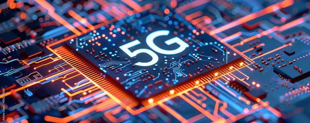 Poster close-up of 5g microchip on a circuit board, futuristic glowing technology. high-speed connectivity 