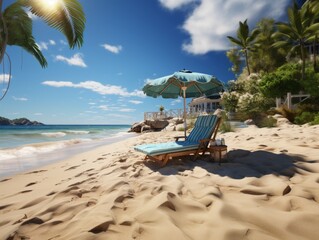 A wooden chaise lounge with a blue and white striped cushion sits under a striped umbrella on a sandy beach.